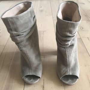 grey suede open toe booties